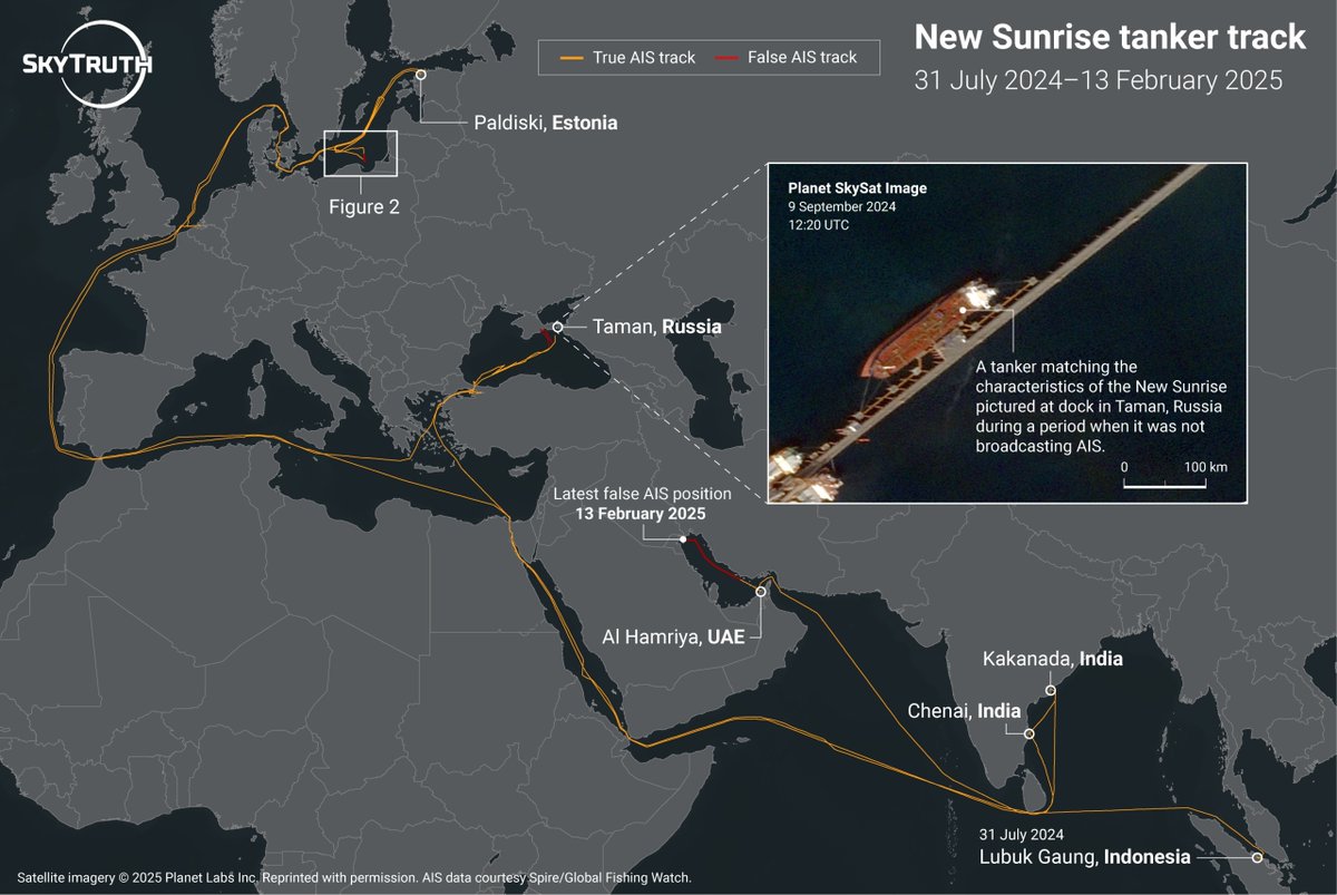 An analysis by <a href="/SkyTruth/">SkyTruth</a> and <a href="/GlobalFishWatch/">Global Fishing Watch</a> reveals a Liberian-flagged tanker falsified and disabled AIS tracking to hide recent entries into Russian ports.

We examine the trail of pollution and unanswered questions left in its wake. bit.ly/3ENQrRZ