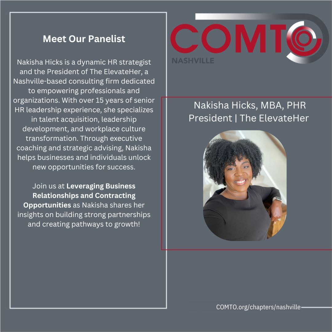 ComtoNashville's tweet image. 🌟Nakisha Hicks, President of The ElevateHer, will discuss strategic partnerships for business success. Join us for Leveraging Business Relationships and Contracting Opportunities on Feb 26, 5 pm at Elizabeth Duff Transit Center, WeGo Central. #COMTO #Leadership #BusinessStrategy