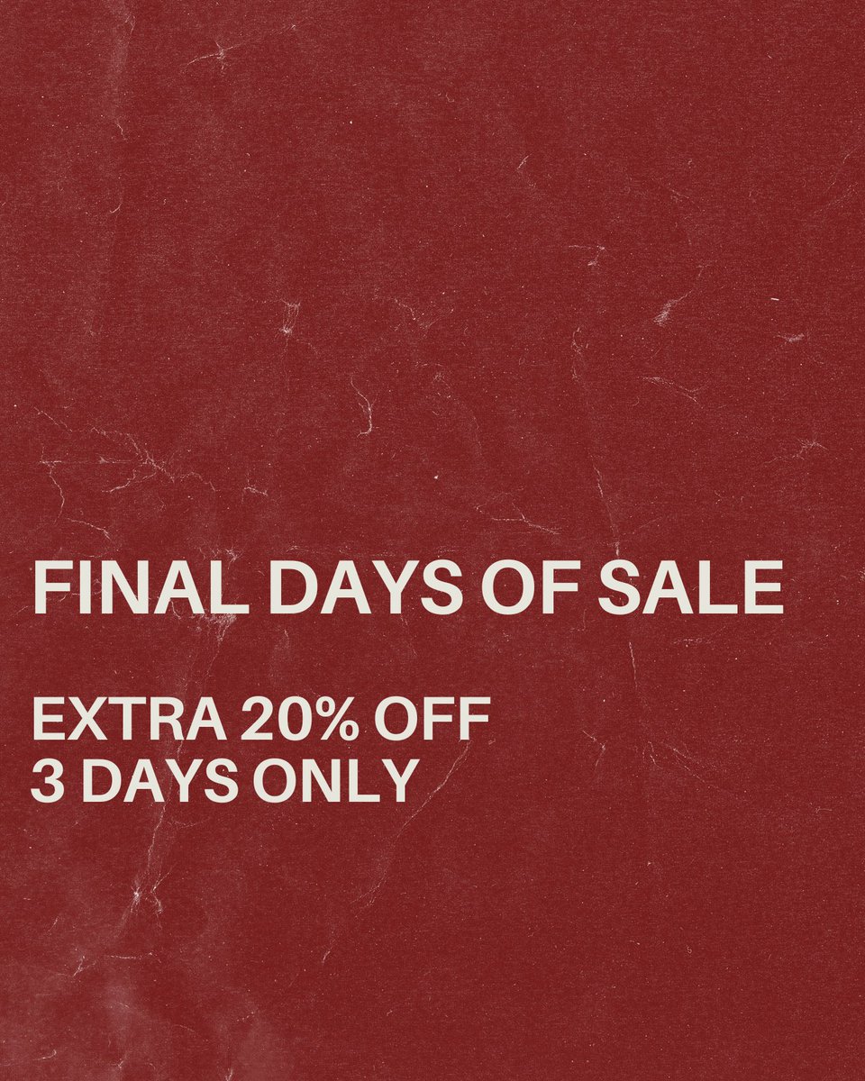 FINAL DAYS OF SALE

Enjoy an EXTRA 20% OFF* all sale items online and in-store. Valid for 3 DAYS ONLY. 

Shop now: bit.ly/453P4HG

*Discount is automatically applied at checkout.