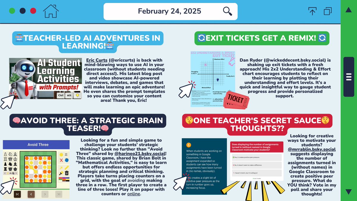 Megan Mongelli (@mongellimegan) on Twitter photo 👀Check out Megan's Megabytes: A Bit of Tech to Try!
🔗 bit.ly/MegansMegabytes
🤖Teacher-led AI adventures in learning form <a href="/ericcurts/">Eric Curts</a>
🔄Exit tickets get a remix from <a href="/WickedDecent/">Dan Ryder will be presenting at EduCon and SXSWedu</a>
🧠Avoid Three: A strategic brain teaser by <a href="/hari_neo21/">hari_neo</a>
🤫One teacher's secret sauce in <a href="/edutopia/">edutopia</a> 👀Check out Megan's Megabytes: A Bit of Tech to Try!
🔗 bit.ly/MegansMegabytes
🤖Teacher-led AI adventures in learning form <a href="/ericcurts/">Eric Curts</a>
🔄Exit tickets get a remix from <a href="/WickedDecent/">Dan Ryder will be presenting at EduCon and SXSWedu</a>
🧠Avoid Three: A strategic brain teaser by <a href="/hari_neo21/">hari_neo</a>
🤫One teacher's secret sauce in <a href="/edutopia/">edutopia</a>