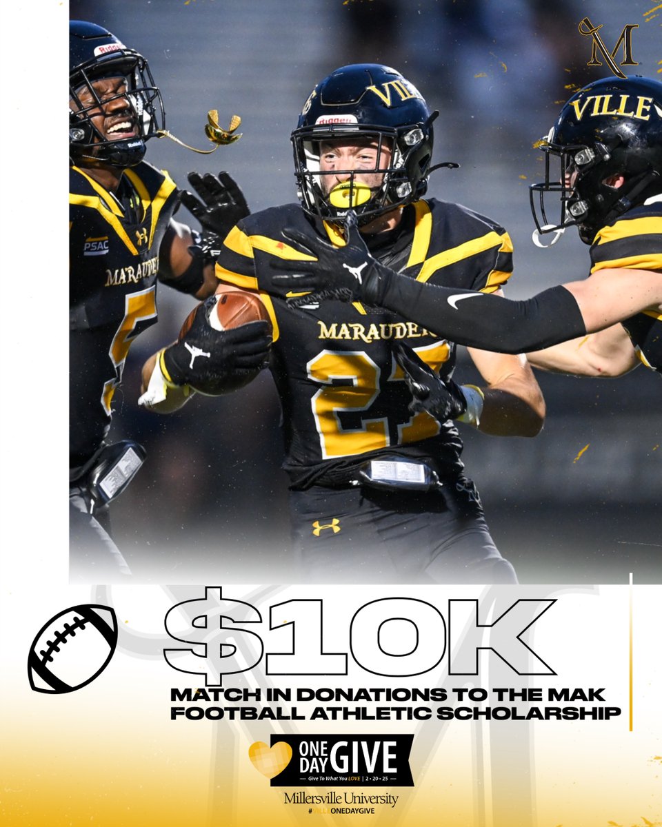 You can make a HUGE impact on 'Ville football today! Any gift made to the MAK Football Athletic Scholarship will be matched up to $10,000! 

Select MAK Football Athletic Scholarship when making your gift to football!
millersville.edu/give/one-day-g…