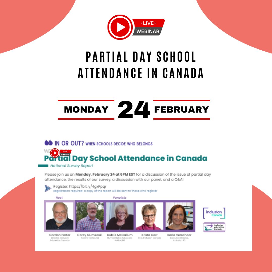Inclusion Action in Ontario (@inclusion_ont) on Twitter photo Join Inclusive Education Canada for an important discussion on Partial Day School Attendance 🏫
📅 Mon, Feb 24, 6 PM ET
💬 Insights from panelists + 2024 family survey results
❓ Q&A included!
💵 Free to attend—registration required!
Register here: bit.ly/4gxPpqr Join Inclusive Education Canada for an important discussion on Partial Day School Attendance 🏫
📅 Mon, Feb 24, 6 PM ET
💬 Insights from panelists + 2024 family survey results
❓ Q&A included!
💵 Free to attend—registration required!
Register here: bit.ly/4gxPpqr