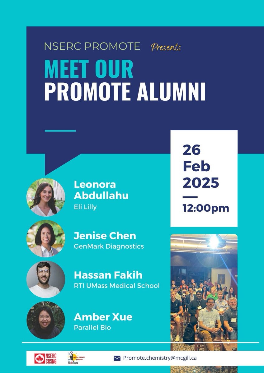 NSERC CREATE PROMOTE Program (@nserc_promote) on Twitter photo Excited to connect with our PROMOTE Alumni! Join us for a 1 - hour session, Feb 26, 2025 to learn about their journeys after graduation. <a href="/FakihH9/">Hassan Fakih, Ph.D.</a>, <a href="/jenisebchen/">Jenise B. Chen</a>, <a href="/AmberXue1/">Amber Xue</a>, <a href="/Leonora_Abd/">Leonora Abdullahu</a>, <a href="/NSERC_CRSNG/">NSERC / CRSNG</a> Excited to connect with our PROMOTE Alumni! Join us for a 1 - hour session, Feb 26, 2025 to learn about their journeys after graduation. <a href="/FakihH9/">Hassan Fakih, Ph.D.</a>, <a href="/jenisebchen/">Jenise B. Chen</a>, <a href="/AmberXue1/">Amber Xue</a>, <a href="/Leonora_Abd/">Leonora Abdullahu</a>, <a href="/NSERC_CRSNG/">NSERC / CRSNG</a>