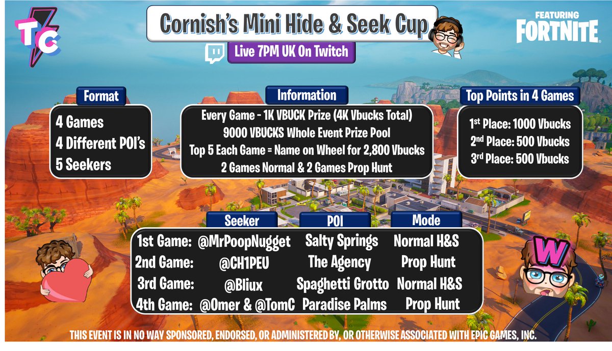 10,000 VBUCK Hide and Seek Event Today!👀

4 Games👾4 POIs🌳5 Different Hosts🔫

Top 5 Placement Points each game &amp; name on wheel for 2.8K VBUCKs!🏆PLUS 1K VBUCKs PER WIN!🥳

I will also put 3 names on the wheel for three random people who repost this post!🔥