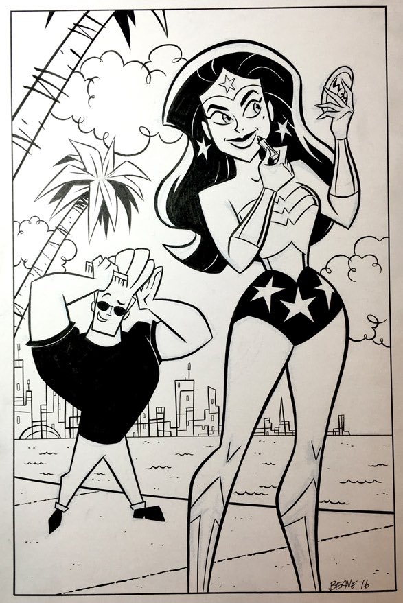Johnny Bravo &amp; Wonder Woman in pen and ink