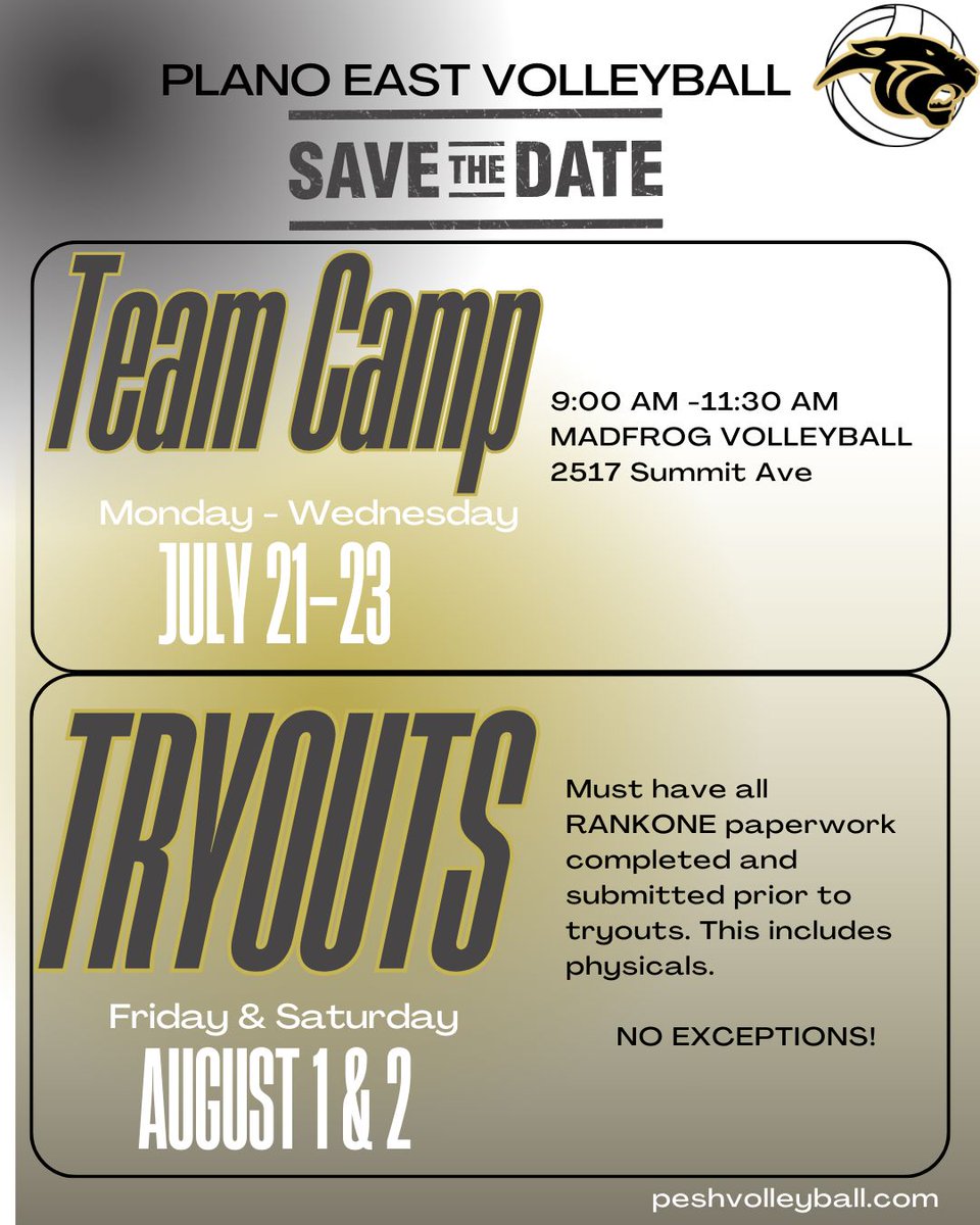 PESHvolleyball's tweet photo. SAVE THE DATES!
🏐 Team Camp will be held July 21-23
🏐 Tryouts will be on August 1 & 2 (Friday/Saturday)
Be sure to follow our socials and website for more detailed information later.
#goldblooded #PlanoPlanoEastEast #LetsgoEast https://t.co/O8kvAIcssF