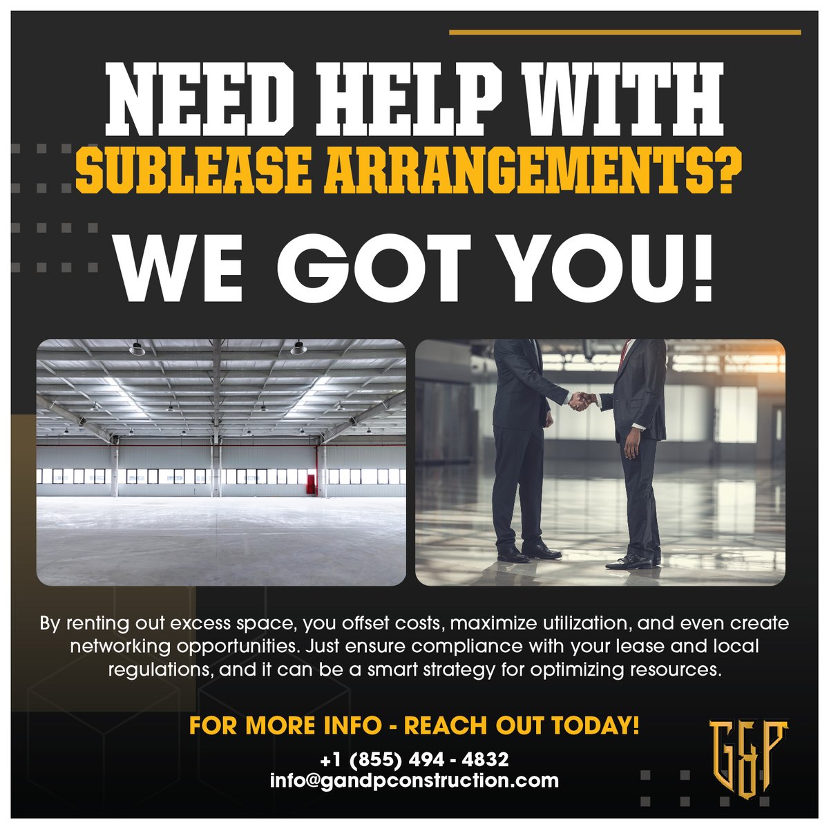 GP_Turnkey's tweet image. 🚀 Maximize Your Space &amp;amp; Revenue! Skip the delays—work with experts who deliver results. Subleasing your commercial space helps offset costs, generate income, and create new business opportunities. 

 Let’s talk! 📩

#CommercialRealEstate #Subleasing #MaximizeSpace