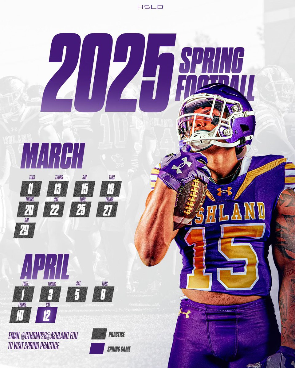 Ashland Football (@ashlandfb) on Twitter photo The 2025 Spring schedule is here!
Email cthomp28@ashland.edu to visit a spring practice!🏈 #AUFB #HSLD The 2025 Spring schedule is here!
Email cthomp28@ashland.edu to visit a spring practice!🏈 #AUFB #HSLD