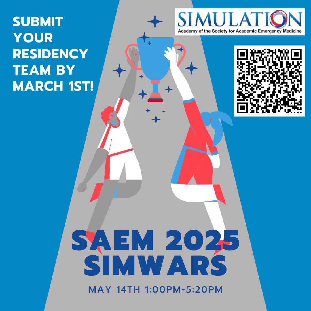 SAEMSimAcademy's tweet image. SimWars is the premier national competition for emergency medicine residents. It is our simulation-based contest between teams that compete in various aspects of patient care in front of a live audience. Submit your team to enter the lottery! #simacademy #simwars #saem