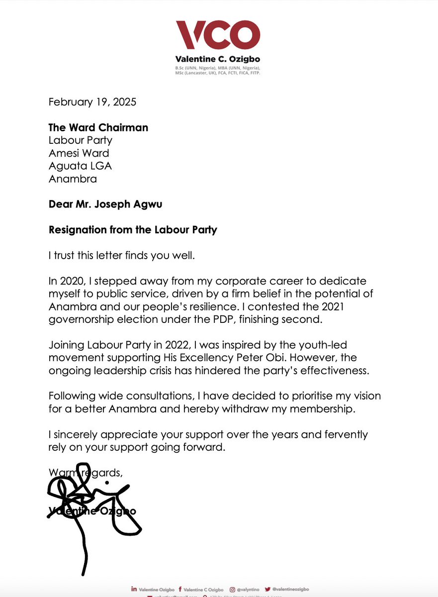 valentineozigbo's tweet image. After deep reflection and broad consultations, I withdrew my membership from the Labour Party yesterday. 

Recent developments within LP - mainly the ongoing leadership crisis - weakened its effectiveness, making it clear that my vision for a better and brighter Anambra must take…