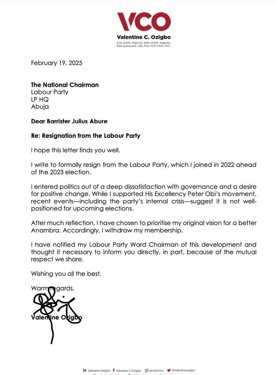 valentineozigbo's tweet image. After deep reflection and broad consultations, I withdrew my membership from the Labour Party yesterday. 

Recent developments within LP - mainly the ongoing leadership crisis - weakened its effectiveness, making it clear that my vision for a better and brighter Anambra must take…