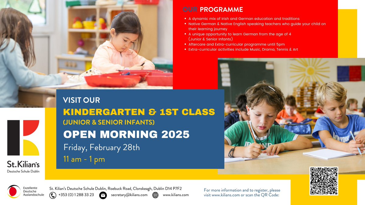 📚 We are holding an #OpenMorning for Kindergarten (Junior &amp; Senior Infants) and 1st Class on Friday, February 28 from 11am-1pm and are inviting all interested parents to visit us. For more information, please visit kilians.com/news/2025/open… <a href="/StKiliansDS/">St. Kilian's Deutsche Schule</a>