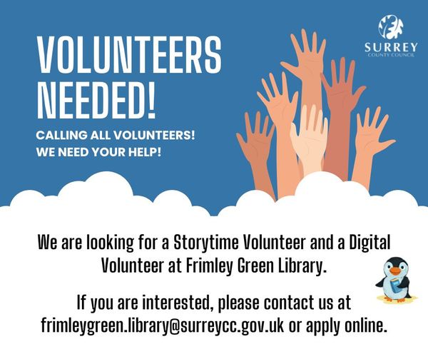 FrimleyGreenLib's tweet photo. We are looking for some lovely new volunteers at Frimley Green Library! If you are interested, please contact us at frimleygreen.library@surreycc.gov.uk or online at https://t.co/Z4xS0TB5Ib
#frimleygreen #volunteer #storytime #digitalbuddy @SurreyLibraries https://t.co/PoMZmWhU8v