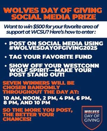 Here's how you can support us during #WolvesDayOfGiving2025 -
Post on social media using #wolvesdayofgiving2025
Tag your favorite fund
Show off your WCSU wolf spirit and make your post stand out!