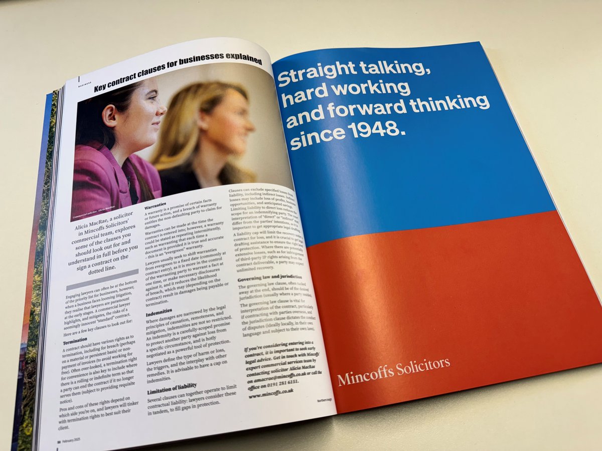 Mincoffs Solicitors (@mincoffs) on Twitter photo We are delighted to be featured in the latest issue of <a href="/NInsightmag/">Northern Insight</a>.
This month, commercial solicitor Alicia MacRae explains some key contract clauses for businesses to look out for before signing on the dotted line.
Get in touch with our team here: mincoffs.co.uk We are delighted to be featured in the latest issue of <a href="/NInsightmag/">Northern Insight</a>.
This month, commercial solicitor Alicia MacRae explains some key contract clauses for businesses to look out for before signing on the dotted line.
Get in touch with our team here: mincoffs.co.uk