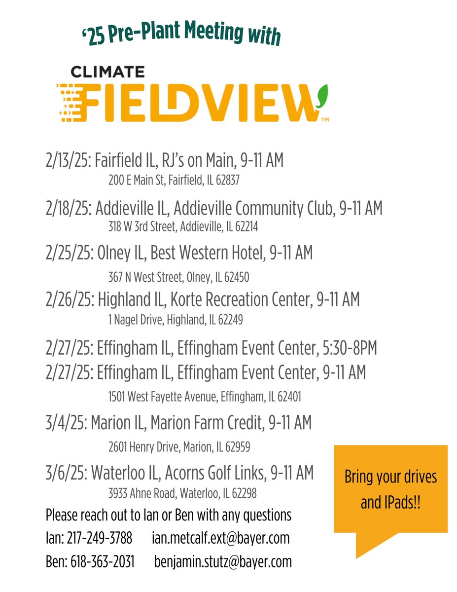 🚨 Climate Fieldview update meetings 🚨

Join us in the upcoming weeks at one of the following locations to make sure your operation is set up and ready for #Plant25! 🌽🌱
FieldView

Register below 👇
forms.office.com/e/t4Fj9uBPNw