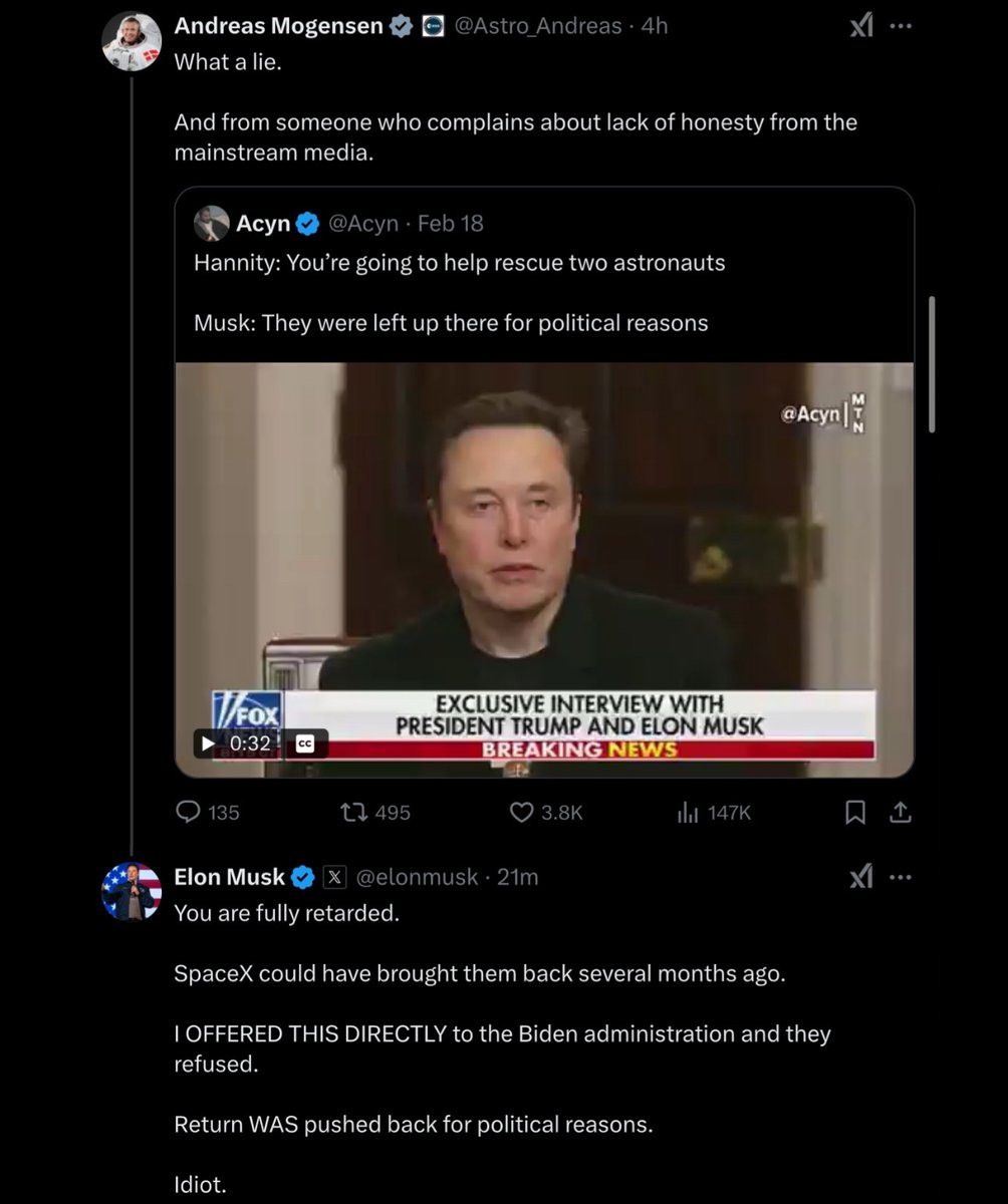 Elon calling the commander of the International Space Station "retarded" was not on my bingo card...