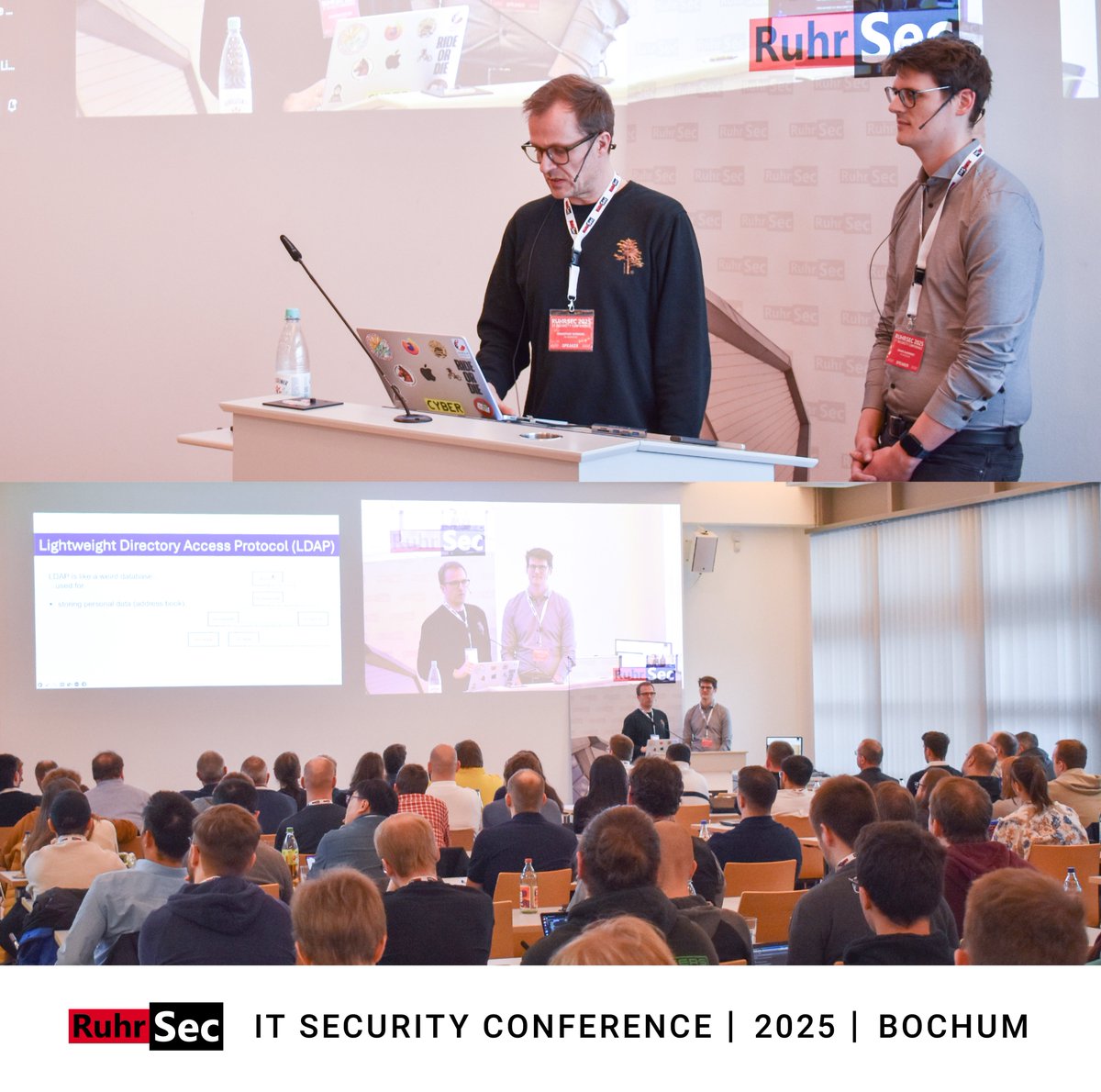 ruhrsec's tweet image. The stage is set for another great talk!
&quot;LanDscAPe: Exploring LDAP Weaknesses and Data Leaks at Internet Scale.&quot; by Jonas Kaspereit and Sebastian Schinzel.

🌐 #RuhrSec Website
ruhrsec.de/2025/

📖 RuhrSec Program
ruhrsec.de/2025/index.htm…

#itsecurity #itsicherheit