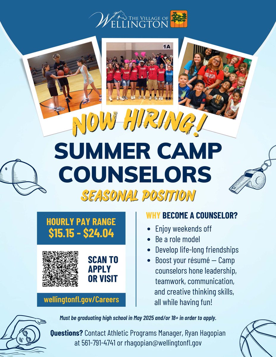 WE'RE HIRING! 🚨 Join our Parks &amp; Recreation team as a Seasonal Camp Counselor. ☀️😎 
💰 Hourly range: $15.15–$24.04
👉 Applicants must be graduating high school in May 2025 and/or 18+ to apply.
To apply, visit wellingtonfl.gov/Careers. 📝
#NowHiring #WellingtonSummerCamp #Jobs