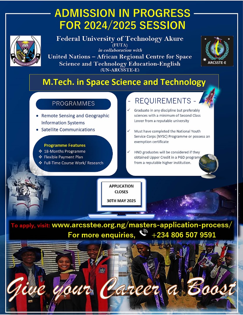 CSSTE (@csste3) on Twitter photo Elevate Your Career with an M.Tech. in Space Science & Technology. Application Deadline: 30th May 2025
Apply Now: arcsstee.org.ng/masters-applic… <a href="/NASRDA_Official/">National Space Research and Development Agency</a> <a href="/NASRDA/">NASRDA</a> <a href="/CBSS_Explore/">NASRDA AstroWorld</a> <a href="/Nasrdacbss/">NASRDA Centre For Basic Space Science</a> <a href="/cstpnasrda/">Cstp-Nasrda</a> <a href="/MediaNASRDA1/">Media@NASRDA</a> #Mastersprogram #Picoin Elevate Your Career with an M.Tech. in Space Science & Technology. Application Deadline: 30th May 2025
Apply Now: arcsstee.org.ng/masters-applic… <a href="/NASRDA_Official/">National Space Research and Development Agency</a> <a href="/NASRDA/">NASRDA</a> <a href="/CBSS_Explore/">NASRDA AstroWorld</a> <a href="/Nasrdacbss/">NASRDA Centre For Basic Space Science</a> <a href="/cstpnasrda/">Cstp-Nasrda</a> <a href="/MediaNASRDA1/">Media@NASRDA</a> #Mastersprogram #Picoin