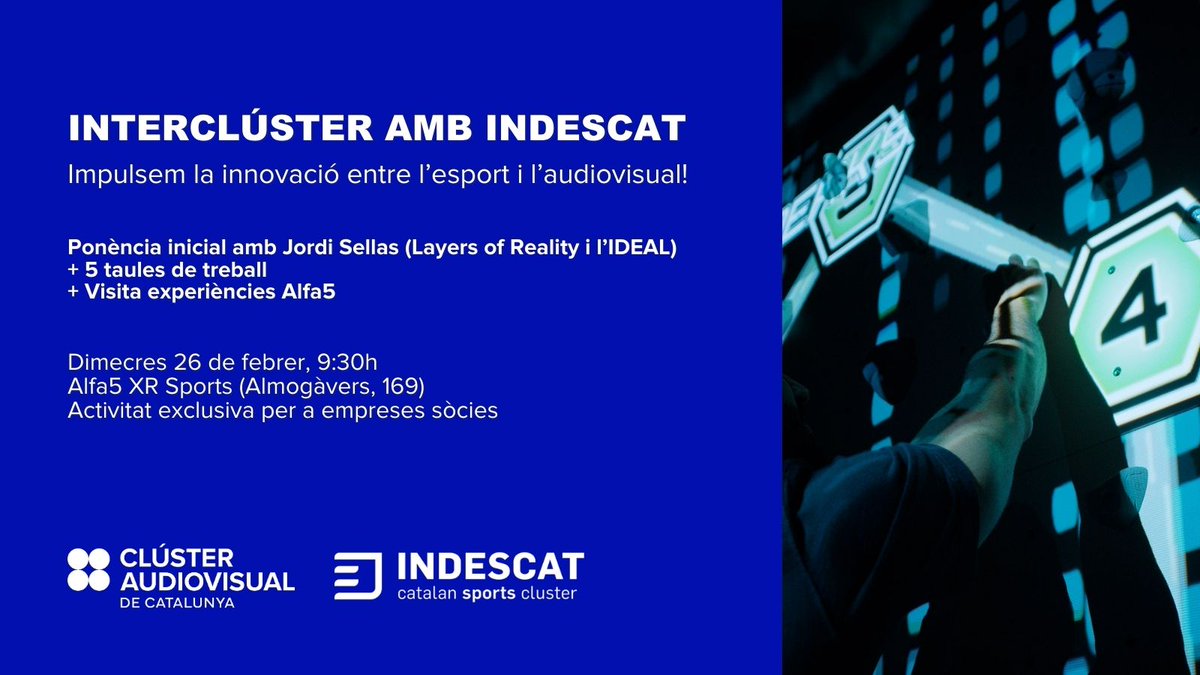 Clúster Audiovisual de Catalunya (@clusteravcat) on Twitter photo El 26 de febrer al matí realitzarem una jornada interclúster amb el clúster de l'esport, <a href="/indescat/">INDESCAT</a>, que tindrà lloc a l'<a href="/Alfa5XR/">Alfa5XRSports</a>, el centre d'XR Sports més gran del món.
🗣️Ponència inicial de <a href="/jordisellas/">Jordi Sellas i Ferrés</a> (<a href="/LayersReality/">Layers of Reality</a>, <a href="/idealbarcelona/">idealbarcelona</a>)
✍️Inscriu-t'hi lnkd.in/gXD9MsCx El 26 de febrer al matí realitzarem una jornada interclúster amb el clúster de l'esport, <a href="/indescat/">INDESCAT</a>, que tindrà lloc a l'<a href="/Alfa5XR/">Alfa5XRSports</a>, el centre d'XR Sports més gran del món.
🗣️Ponència inicial de <a href="/jordisellas/">Jordi Sellas i Ferrés</a> (<a href="/LayersReality/">Layers of Reality</a>, <a href="/idealbarcelona/">idealbarcelona</a>)
✍️Inscriu-t'hi lnkd.in/gXD9MsCx