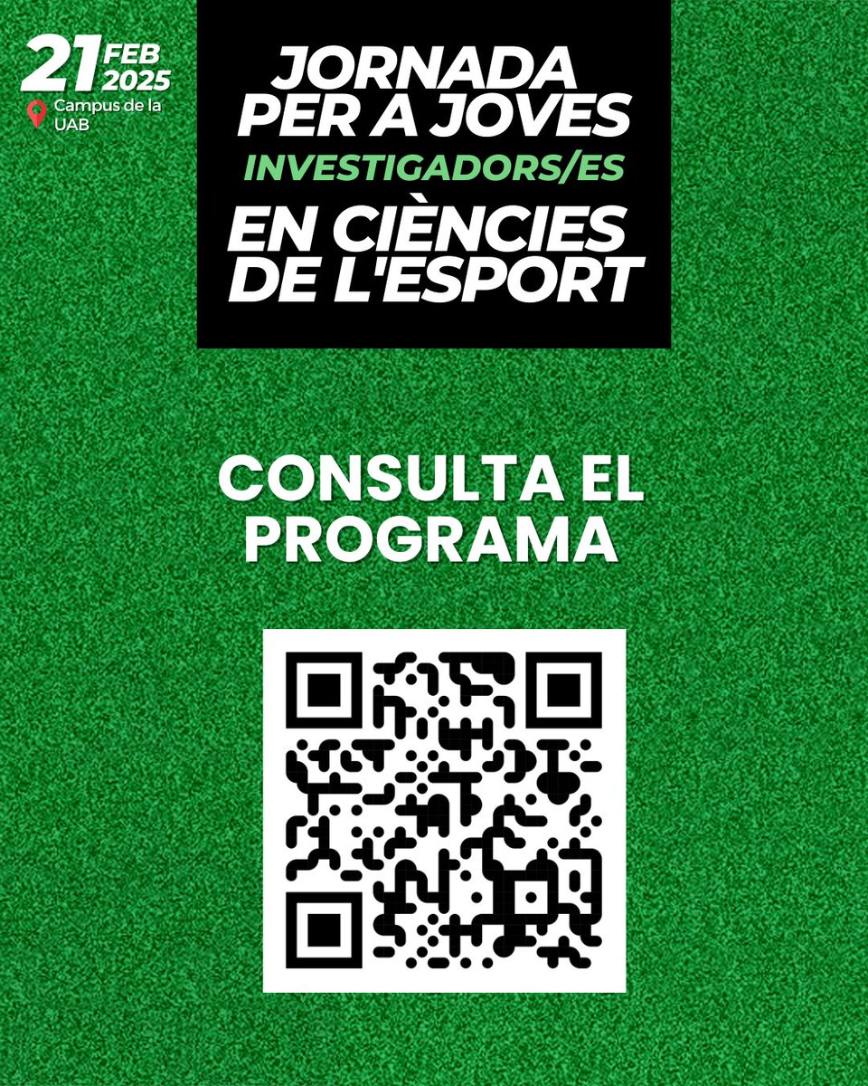 Consulta l’agenda de la JJICE25! 📅
Tens ganes de viure al màxim la Jornada per a Joves Investigadors/es en Ciències de l’Esport? Escaneja el QR 📲 per consultar el programa complet ! 🔍

📍 Recorda: taula d’acreditacions oberta des de les 8:30 h. Ens veiem a la UAB! 🚀💡