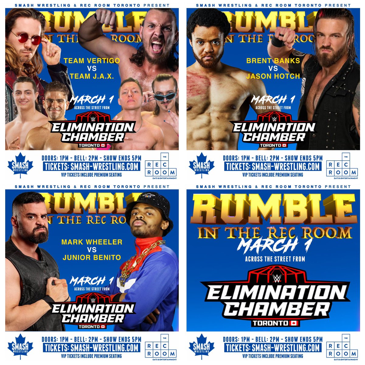 FULL CARD FOR MARCH 1ST

Psycho Mike (c)  vs Raj Dhesi
Cassie Lee vs Alexia Nicole
Sinner &amp; Saint (c) vs TDT
Tarik vs Blackwood
Banks vs Hotch
Team Vertigo vs Team Jax
Wheeler vs Benito

Across the street from Elimination Chamber at Toronto Rec Room!

🎫 smash-wrestling.com