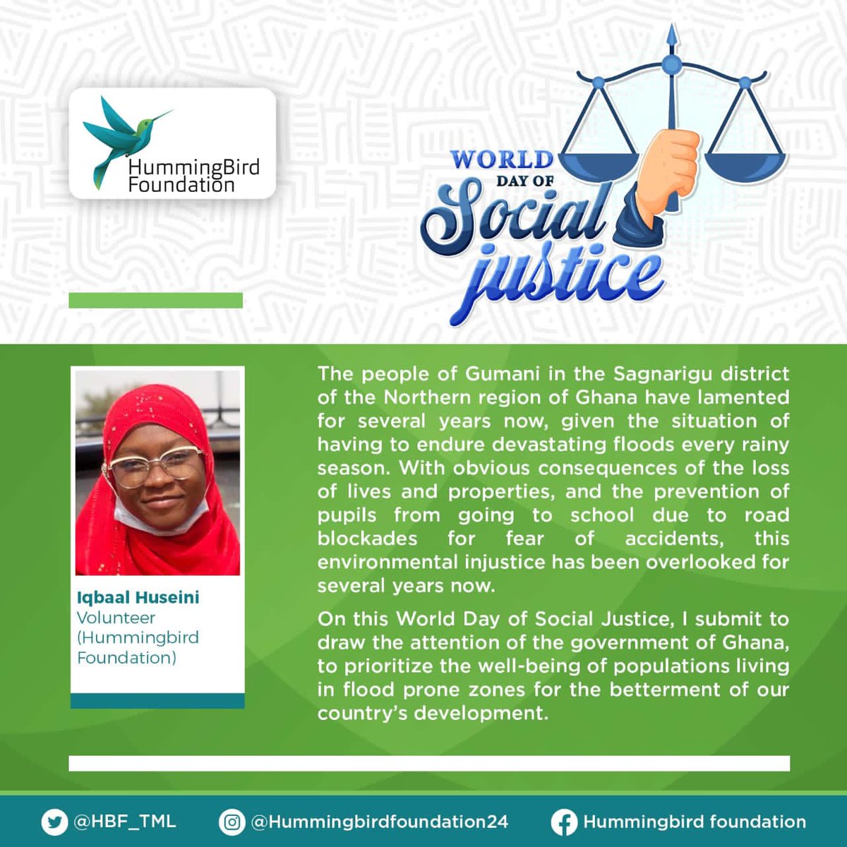 HBF_TML's tweet photo. Today is "World Day of Social Justice". Our cherished volunteers have shared their concerns by exposing some social injustices in their communities.
The HummingBird Foundation takes the chance on this day to celebrate social justice. https://t.co/Qc3hFksVVP