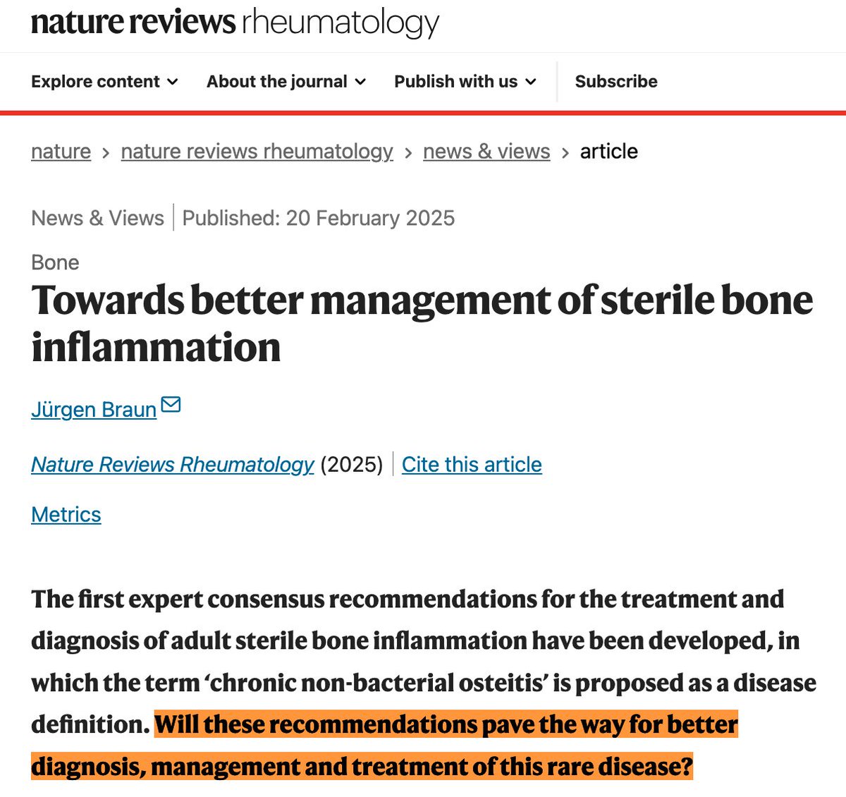 Towards better management of sterile bone inflammation 

Jürgen Braun

Nature Reviews Rheumatology (2025) 

#CRMO