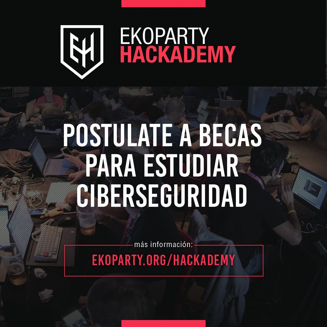 ¡Abrimos la convocatoria de becas para formarte en ciberseguridad! 🚀

En Ekoparty, queremos impulsar el talento y el desarrollo de la región. Por eso, ofrecemos un programa de becas para las diversas especializaciones de Hackademy. 💪🥳

📌 ¡Conocé todos los requisitos y