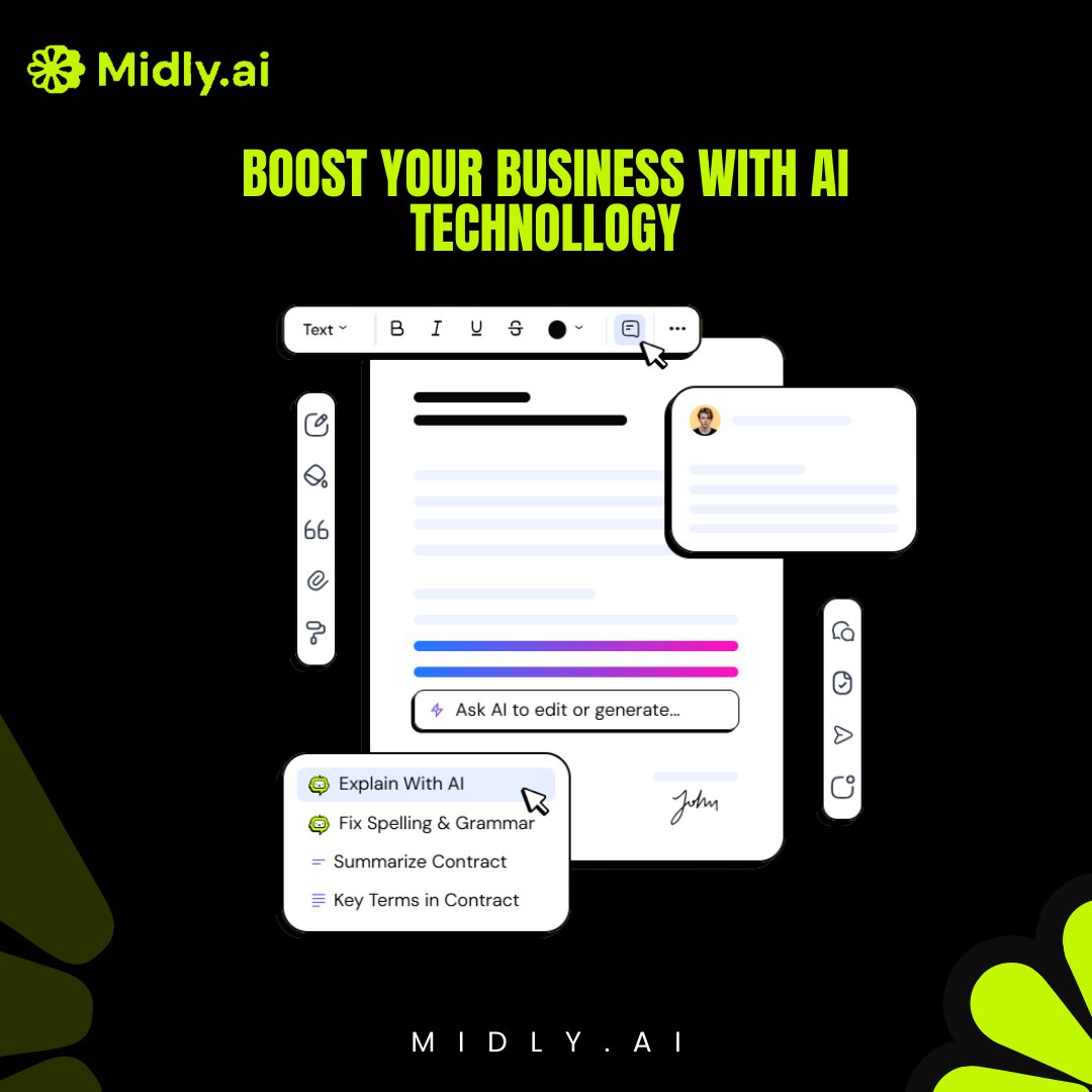 MidlyAI's tweet image. 🚀 Boost your business with AI! Midly.ai simplifies contracts, streamlines workflows, and enhances collaboration—all in one smart platform. Try it today! 🔥💡 #AI #BusinessAutomation #MidlyAI #ContractManagement