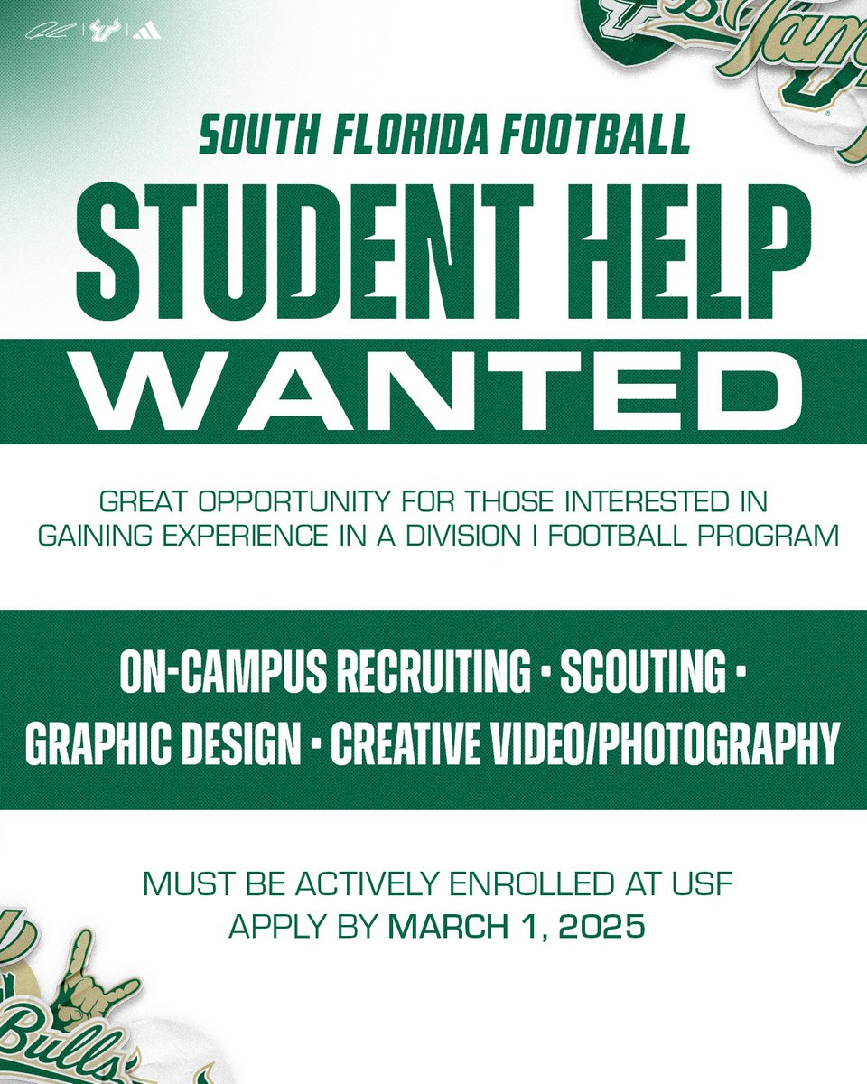USF Football (@usffootball) on Twitter photo Hey <a href="/USouthFlorida/">University of South Florida</a> students, we want 🫵❕
Apply now: gobulls.co/fbintern-25
#ComeToTheBay | #StayInTheBay Hey <a href="/USouthFlorida/">University of South Florida</a> students, we want 🫵❕
Apply now: gobulls.co/fbintern-25
#ComeToTheBay | #StayInTheBay