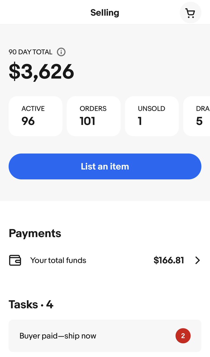 New store eBay stats:

2 months in (-1.5 weeks on vacation)

• 165 listings put up
• 101 orders
• 1 refund
• $3,626 in sales
• 31 positive store reviews

Progress.