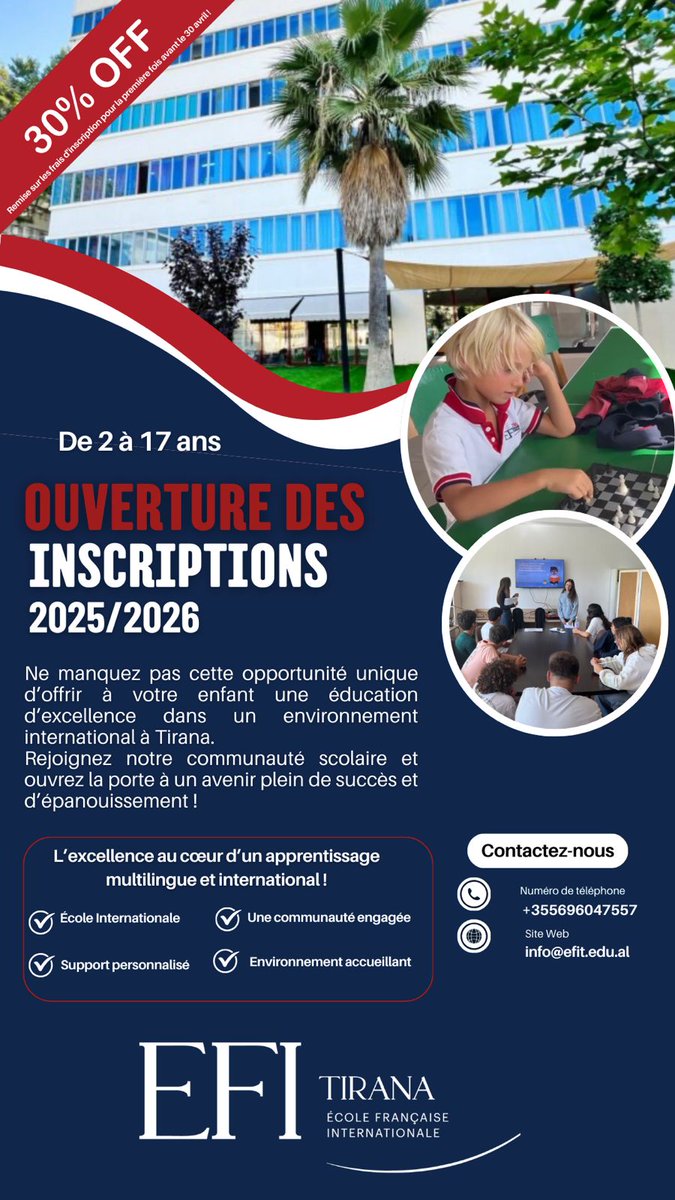 France_Albanie's tweet image. Les inscriptions à l' #EFIT pour l'année scolaire 2025-2026 sont ouvertes ! 🎓

🔎Ne manquez pas cette opportunité pour vos enfants ! 
ℹ️Pour plus d’informations, rendez-vous ici :
👉efitirana.com/sq/ 
👉efitirana.com 

#franceenalbanie #equipefrance #francophonie