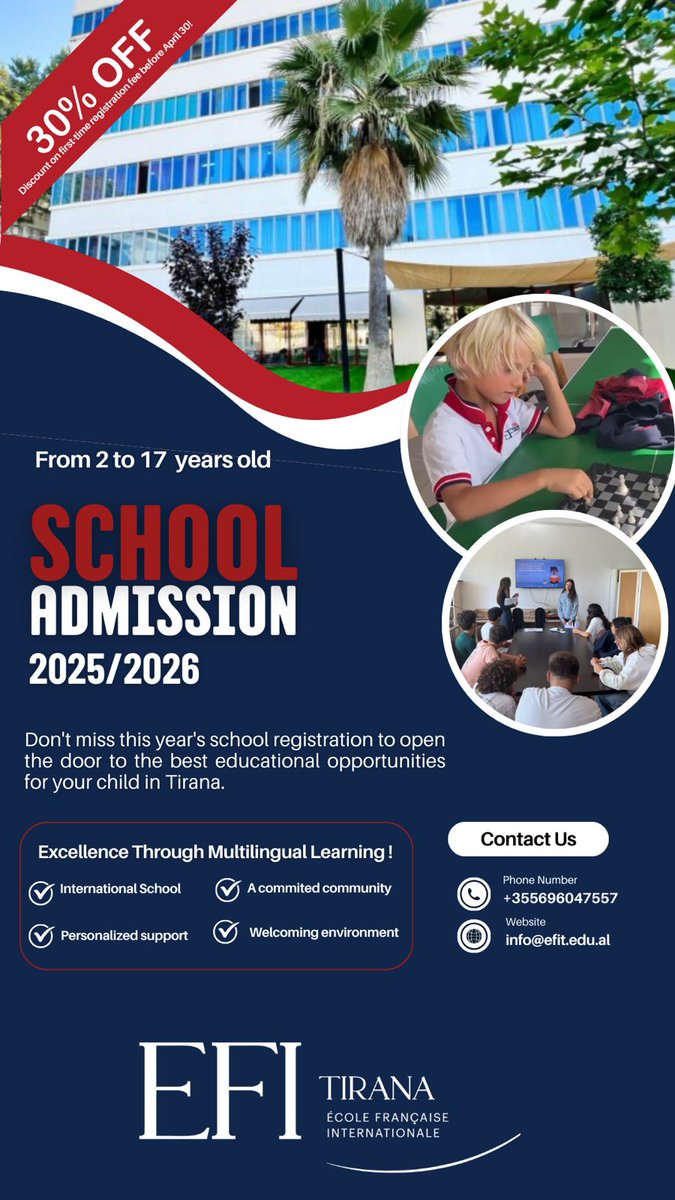 France_Albanie's tweet image. Les inscriptions à l' #EFIT pour l'année scolaire 2025-2026 sont ouvertes ! 🎓

🔎Ne manquez pas cette opportunité pour vos enfants ! 
ℹ️Pour plus d’informations, rendez-vous ici :
👉efitirana.com/sq/ 
👉efitirana.com 

#franceenalbanie #equipefrance #francophonie