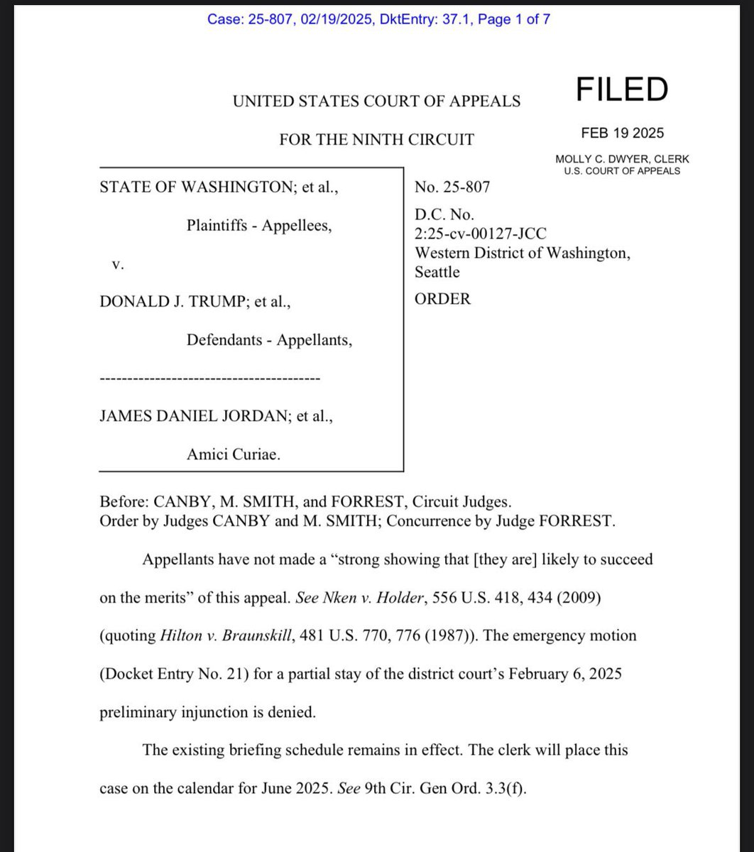 stevearkwright's tweet image. Trump Executive Order (Birthright Citizenship); motion for partial stay of Injunction *fails on merits* before 9th Circuit Court of Appeals.

Placed on docket for June 2025.

⚖️