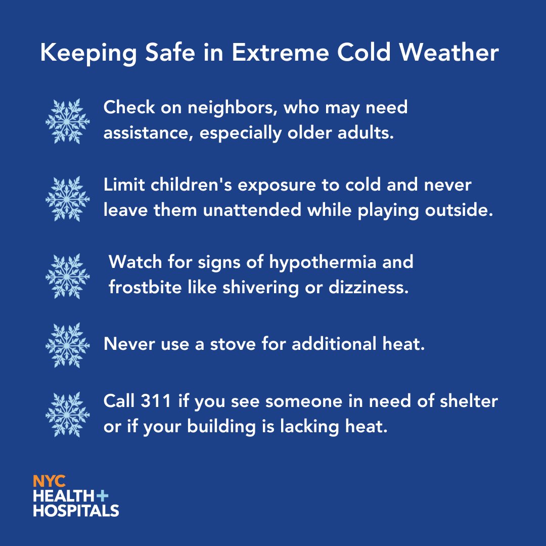 NYCHealthSystem's tweet image. Stay safe during lower temps. Snow is expected this afternoon, with below freezing temperatures expected tonight.  

Follow these safety tips to protect yourself and loved ones: on.nyc.gov/2RmwchP

#NYCHealthSystem #WinterWeather #WinterWeatherTips
