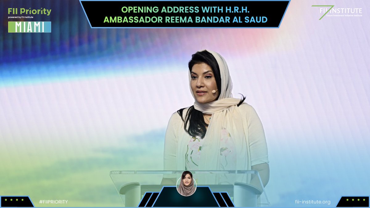 FII_Institute1's tweet photo. H.R.H. Ambassador @rbalsaud, Ambassador to the United States, delivers an inspiring opening address at #FIIPRIORITY #Miami, charting a course for bold global collaboration and #SustainableProgress. Which innovations will lead the way? Tune in: https://t.co/guFMKfb5d8 https://t.co/xst3viQ285