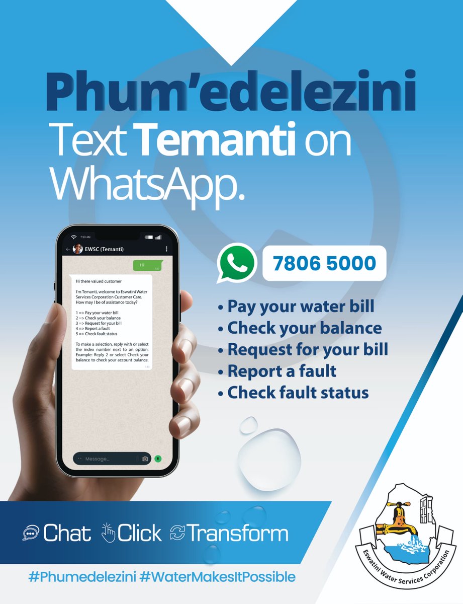 Stay connected with EWSC! Add 7806 5000 to your WhatsApp contacts and chat with Temanti for all your water service needs. #Phumedelezini