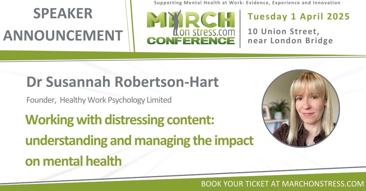 March on Stress (@marchonstress) on Twitter photo Speaker Highlight: Dr Susannah Robertson-Hart is speaking at our conference on 1st April! Looking at working with distressing content, this is set to be an insightful session. Book your ticket now at bit.ly/4fcFZQf <a href="/GMGodden/">Georgina M Godden</a> <a href="/ProfNGreenberg/">Professor Neil Greenberg</a>
@healthyworkpsyc Speaker Highlight: Dr Susannah Robertson-Hart is speaking at our conference on 1st April! Looking at working with distressing content, this is set to be an insightful session. Book your ticket now at bit.ly/4fcFZQf <a href="/GMGodden/">Georgina M Godden</a> <a href="/ProfNGreenberg/">Professor Neil Greenberg</a>
@healthyworkpsyc