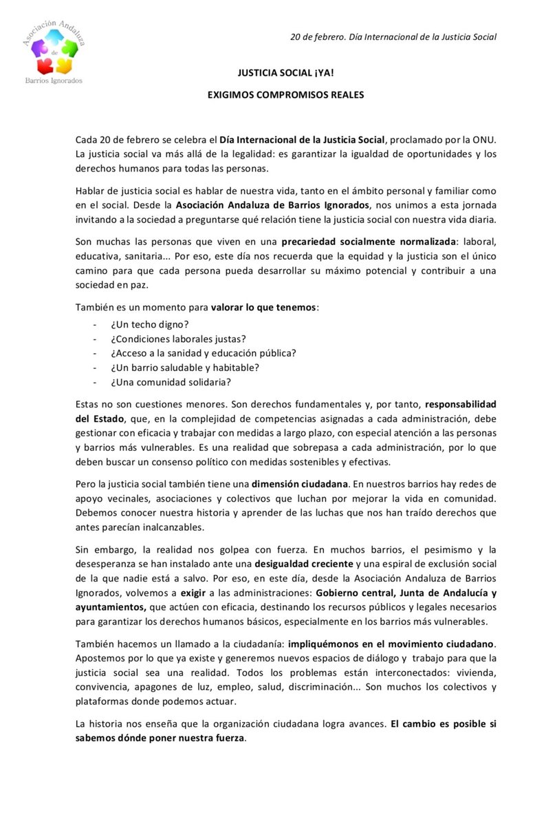 Este 20F, Día Internacional de la Justicia Social, exigimos compromisos reales para nuestros barrios. Comunicado 👇
