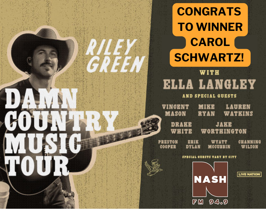 Congrats to Carol Schwartz for winning a trip to meet Riley Green on tour! Flights, hotel, and VIP tickets included! 🎶🛫🎟️ #DamnCountryMusicTour #RileyGreen