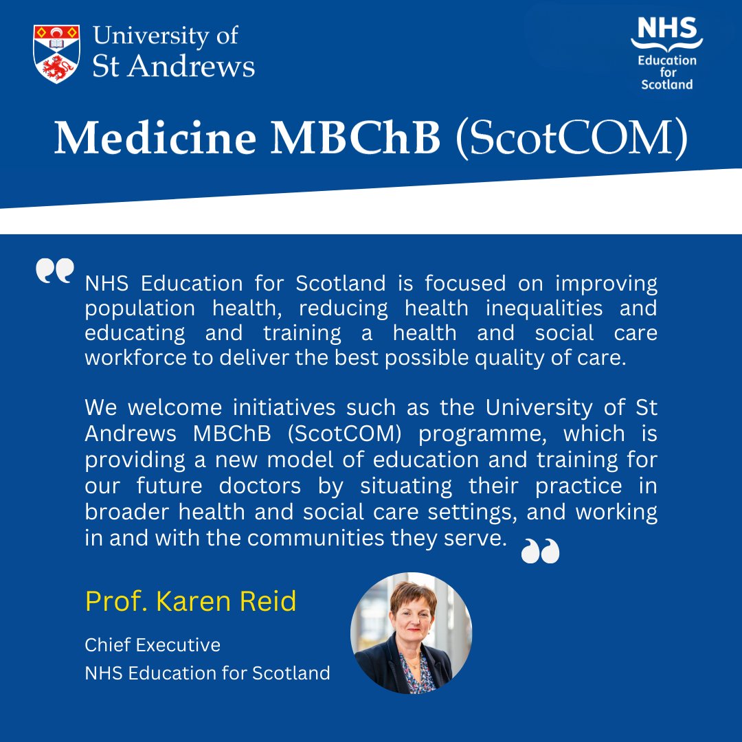 StAndMedicine's tweet photo. 🩺Calling all future doctors! Hear from Prof. Karen Reid, Chief Executive of @NHS_Education, about the  exciting, innovative approach to medical education offered by the St Andrews Medicine #MBChB (ScotCOM).

🔍Learn more at our 26 Feb online info session: https://t.co/Fw90dUYqQP https://t.co/I3OZnKetNh