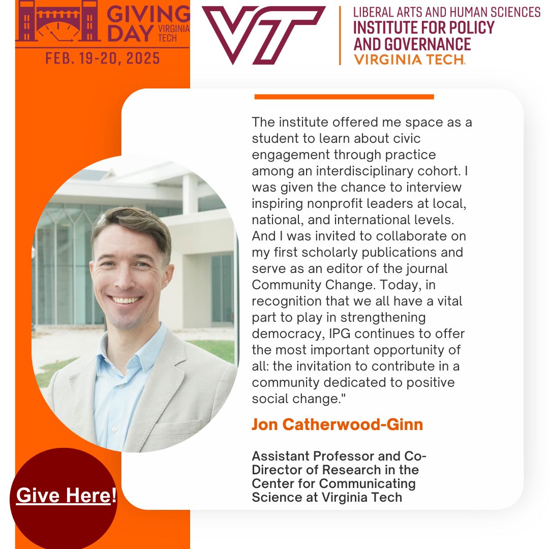 Hear from Professor Jon Catherwood-Ginn on how IPG has impacted his academic journey as a part time student in the Planning, Governance, and Globalization PhD Program. 

Give to support students like Jon here: givingday.vt.edu/giving-day/940…