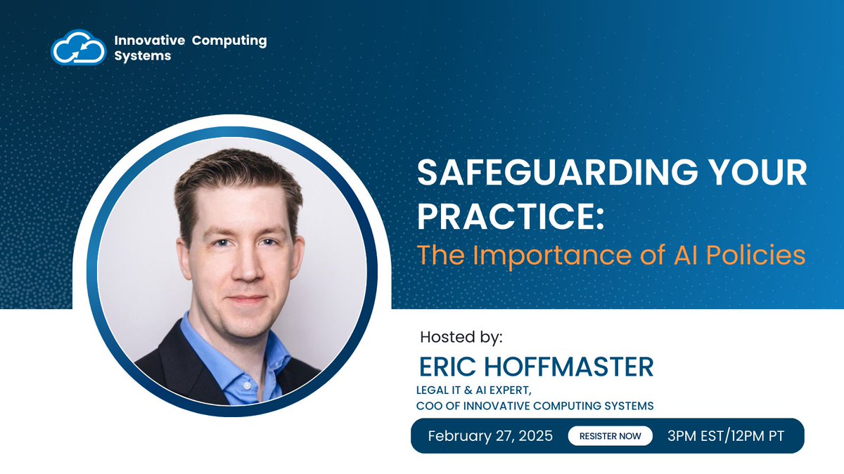 Meet your webinar speaker: Eric Hoffmaster, COO of Innovative Computing Systems.

With almost 20 years of experience in legal IT &amp; AI governance, he’ll walk you through how to create an AI policy that works for your firm.

Join the Feb 27 webinar: bit.ly/42FVTjx