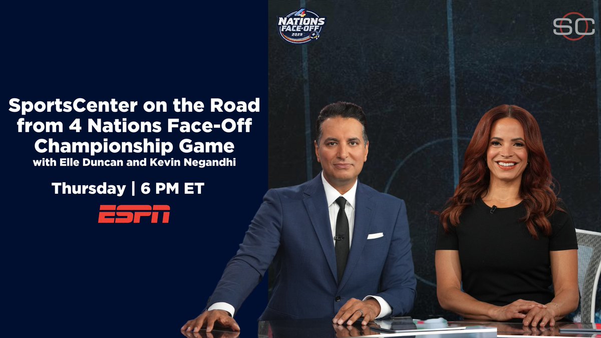 Thur, '<a href="/SportsCenter/">SportsCenter</a> on the Road' live from <a href="/tdgarden/">TD Garden</a>

• All-access NHL #4Nations Face-Off w/Mark Messier, <a href="/PKSubban1/">P.K. Subban</a>, <a href="/emilymkaplan/">Emily Kaplan</a>, <a href="/rayferraro21/">Ray Ferraro</a>
• <a href="/KevinNegandhi/">Kevin Negandhi</a> hosts, <a href="/elleduncanESPN/">Elle Duncan</a> co-hosts in Bristol

🏒6p ET | ESPN
🏆8p ET | 🇨🇦vs🇺🇸 | ESPN, ESPN+, Disney+, ESPN Deportes