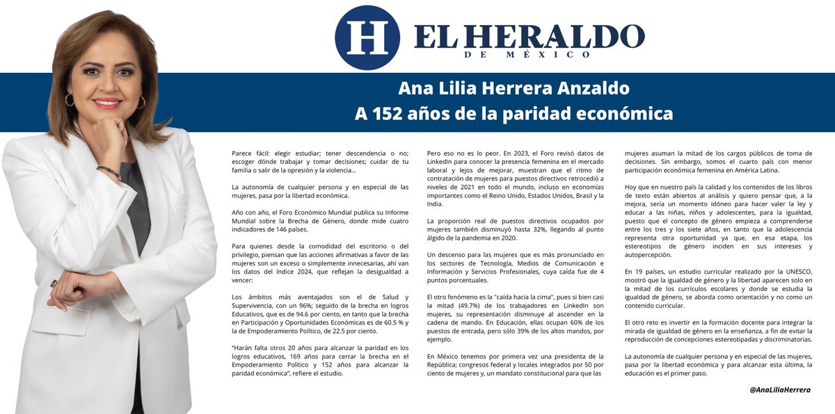 Ana Lilia Herrera (@analiliaherrera) on Twitter photo La autonomía de cualquier persona y en especial de las mujeres, pasa por la libertad económica y para alcanzar esta última, la educación es el primer paso.
✍️ Escribo “A 152 años de la paridad económica” en el <a href="/heraldodemexico/">El Heraldo de México</a>:
⬇️
heraldodemexico.com.mx/opinion/2025/2… La autonomía de cualquier persona y en especial de las mujeres, pasa por la libertad económica y para alcanzar esta última, la educación es el primer paso.
✍️ Escribo “A 152 años de la paridad económica” en el <a href="/heraldodemexico/">El Heraldo de México</a>:
⬇️
heraldodemexico.com.mx/opinion/2025/2…