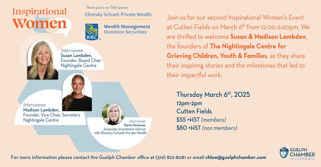 💙 Join us for our Inspirational Women's Luncheon at Cutten Fields on March 6th (12-2pm) with Susan &amp; Madison Lambden, founders of The Nightingale Centre. Hear inspiring stories of impact.💙 
Save your seat: bit.ly/3CzshKe 
#GuelphChamber #InspirationalWomen