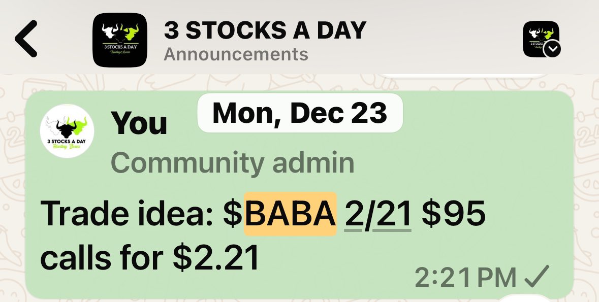 3Stocksaday's tweet image. At the end of December we called 2/21 $BABA $95 calls and we closed for 250% profits. 
Sadly, the $BABA CALLS ARE NOW 1900%