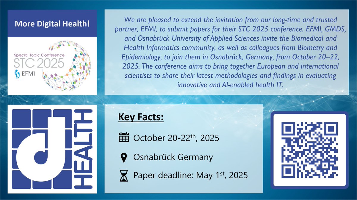 🚀 #dHealth paper submissions are closed! Huge thanks to all authors for contributing to #dHealth2025!

Still have research to share? Submit to #STC2025, a #DigitalHealth conference by our partner <a href="/EFMI/">European Federation for Medical Informatics</a> . Deadline: May 1, 2025! 📅

Scan the QR code for details! 🔗